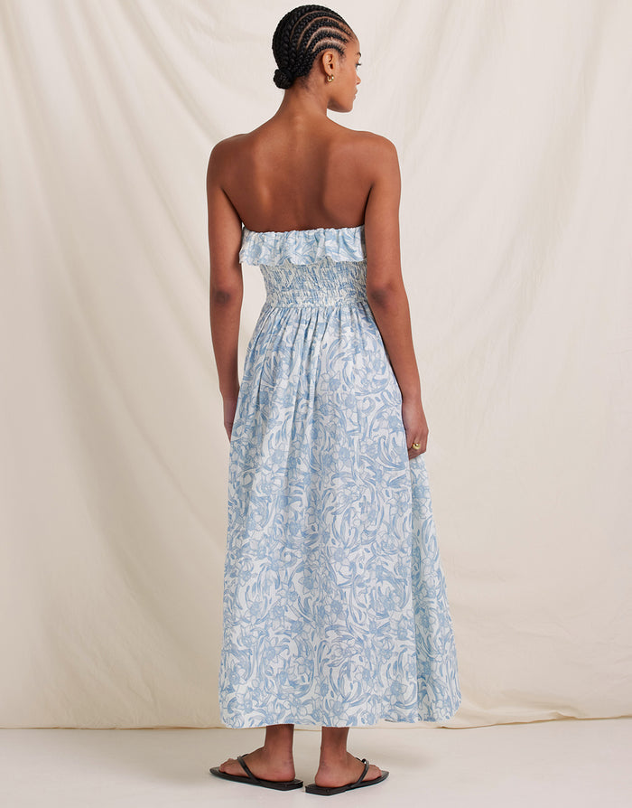 Peony Daffodil Shirred Midi Dress - Blue Print - Simply Beach UK