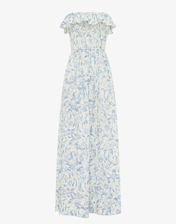 Peony Daffodil Shirred Midi Dress - Blue Print - Simply Beach UK