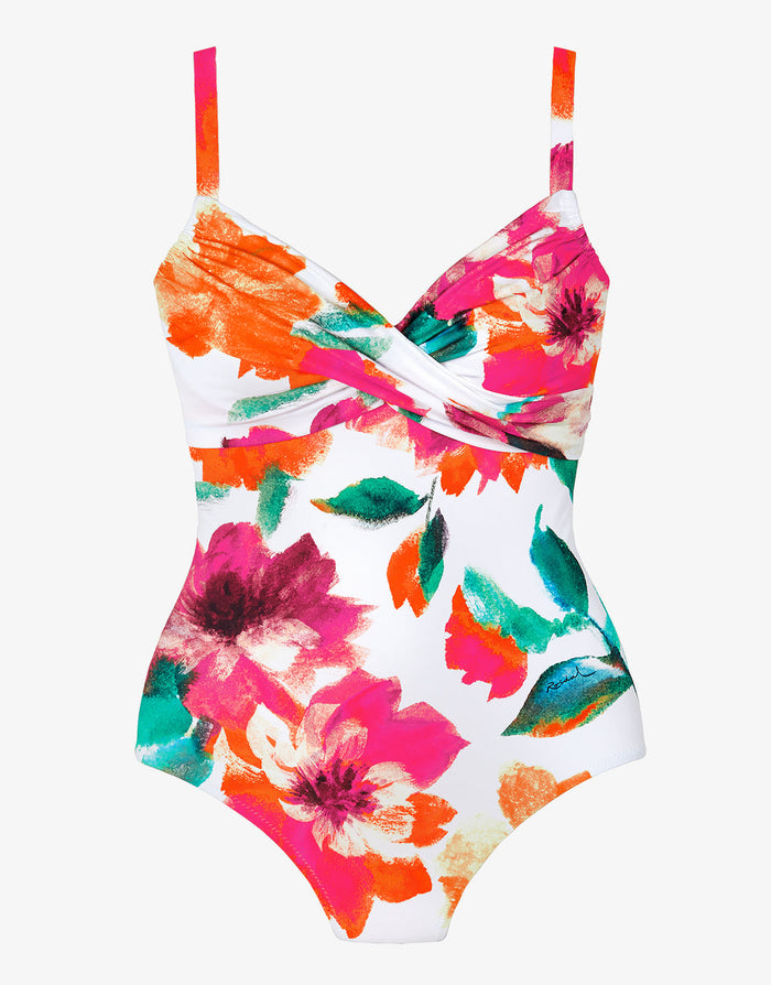 Roidal Dahlia Underwired Crossover Swimsuit - Pink Floral - Simply Beach UK