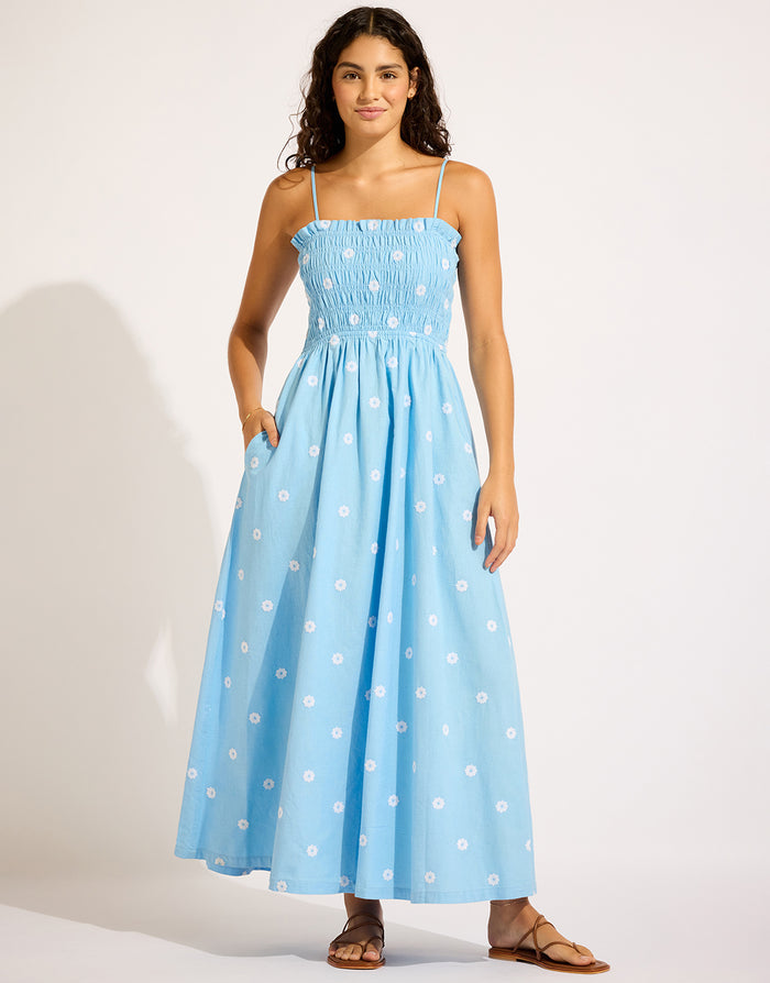 Seafolly Daisy Chain Shirred Maxi Dress - Powder Blue - Simply Beach UK