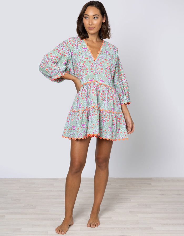 Juliet Dunn Ditsy Print V-Neck Tiered Mini Dress with Ric-Rac - Aqua and Neon Red - Simply Beach UK