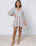 Juliet Dunn Ditsy Print V-Neck Tiered Mini Dress with Ric-Rac - Aqua and Neon Red - Simply Beach UK