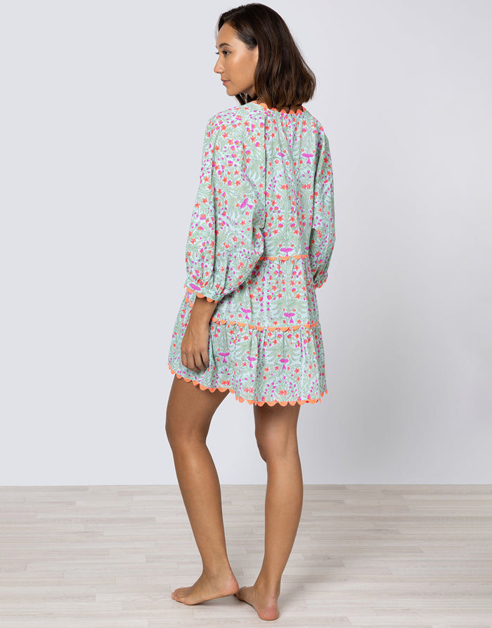 Juliet Dunn Ditsy Print V-Neck Tiered Mini Dress with Ric-Rac - Aqua and Neon Red - Simply Beach UK