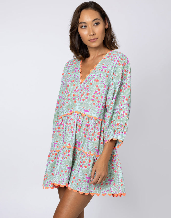 Juliet Dunn Ditsy Print V-Neck Tiered Mini Dress with Ric-Rac - Aqua and Neon Red - Simply Beach UK
