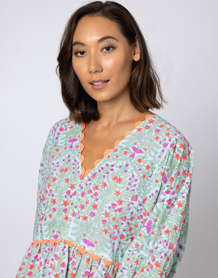 Juliet Dunn Ditsy Print V-Neck Tiered Mini Dress with Ric-Rac - Aqua and Neon Red - Simply Beach UK