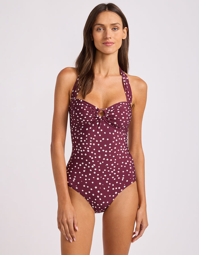 Dolce Dot Halter Neck Bandeau Swimsuit - Dark Burgundy