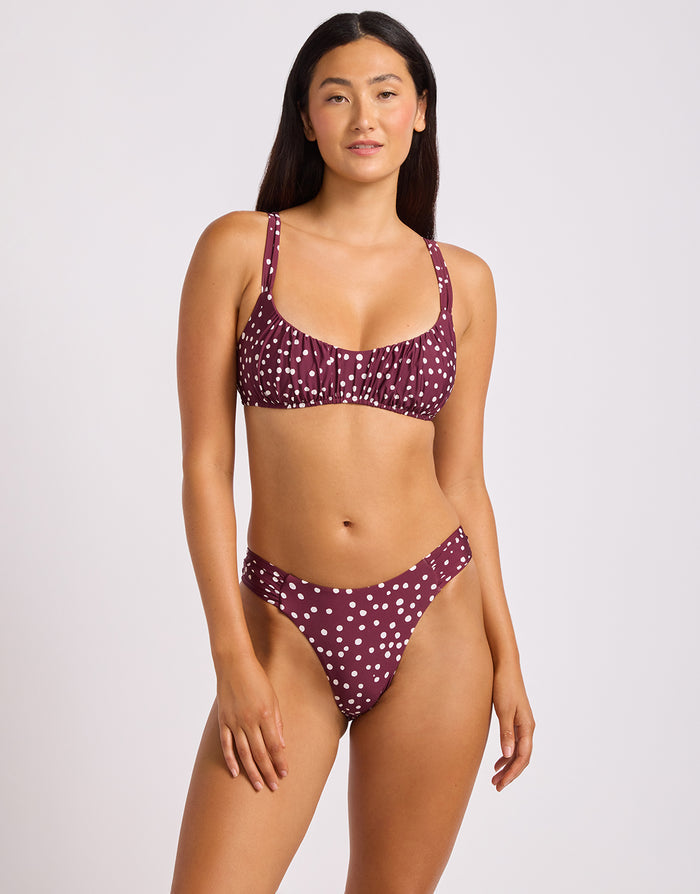 Dolce Dot High Leg Ruched Side Bikini Pant - Dark Burgundy