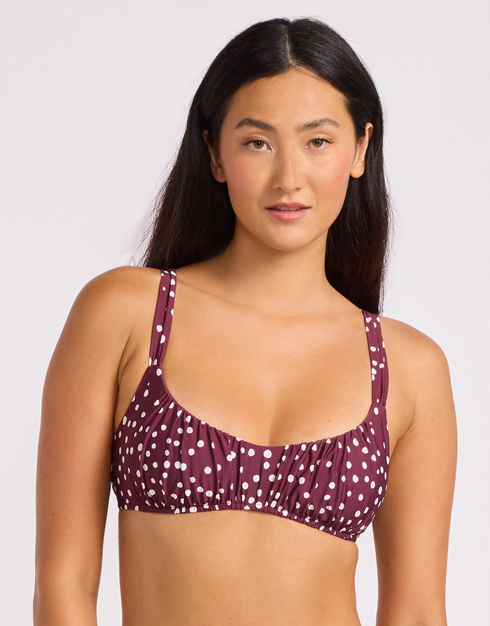 Dolce Dot Ruched Bralette Bikini Top - Dark Burgundy