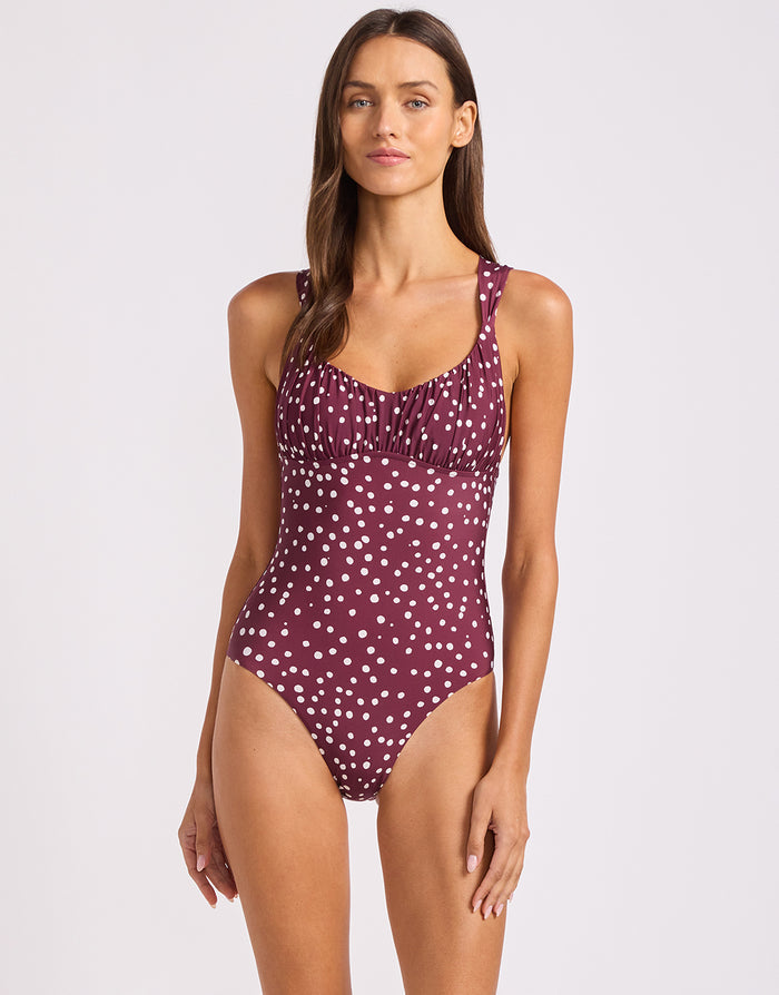 Dolce Dot Ruched Cross Back Swimsuit - Dark Burgundy