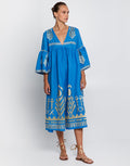 Greek Archaic Kori Feather Bell Sleeve Kaftan - Blue Raf and Gold - Simply Beach UK