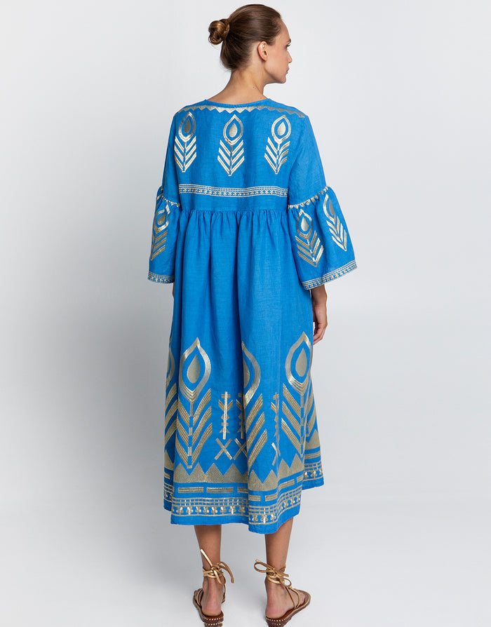 Greek Archaic Kori Feather Bell Sleeve Kaftan - Blue Raf and Gold - Simply Beach UK