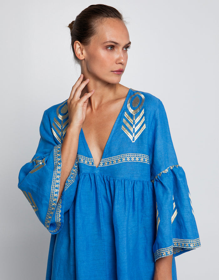 Greek Archaic Kori Feather Bell Sleeve Kaftan - Blue Raf and Gold - Simply Beach UK