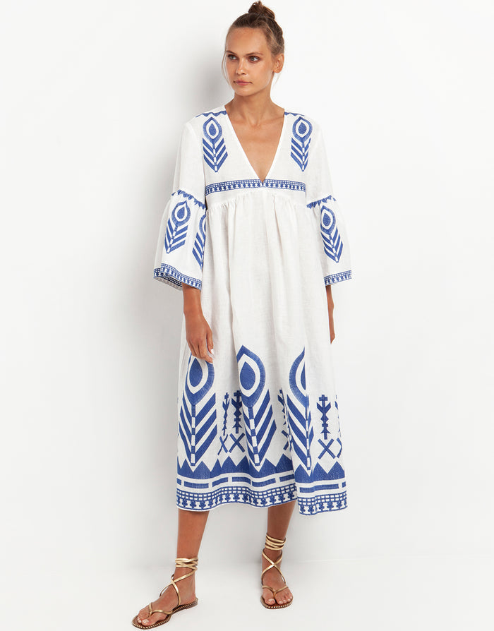 Feather Bell Sleeve Kaftan - White and Blue