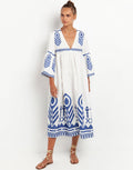 Feather Bell Sleeve Kaftan - White and Blue