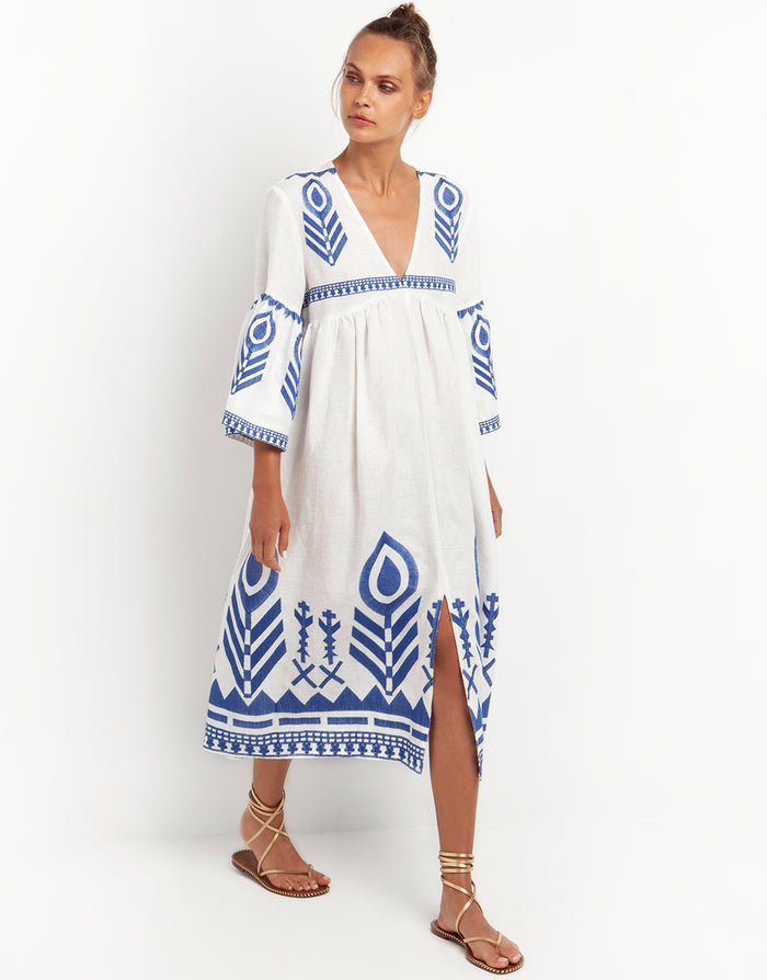 Feather Bell Sleeve Kaftan - White and Blue