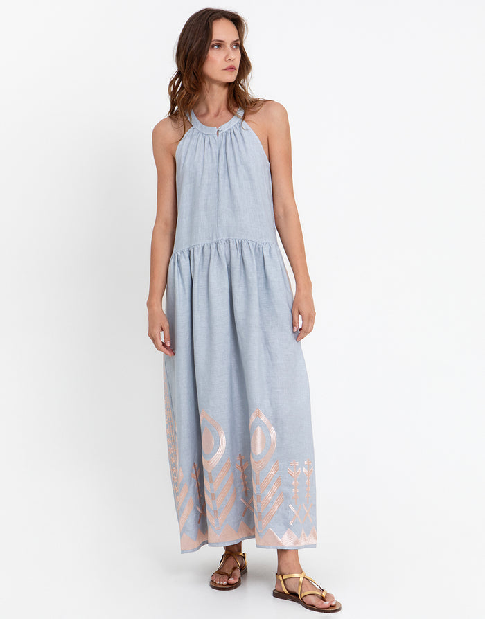 Greek Archaic Kori Feather High Neck Dress - Light Grey and Pink Bronze - Simply Beach UK