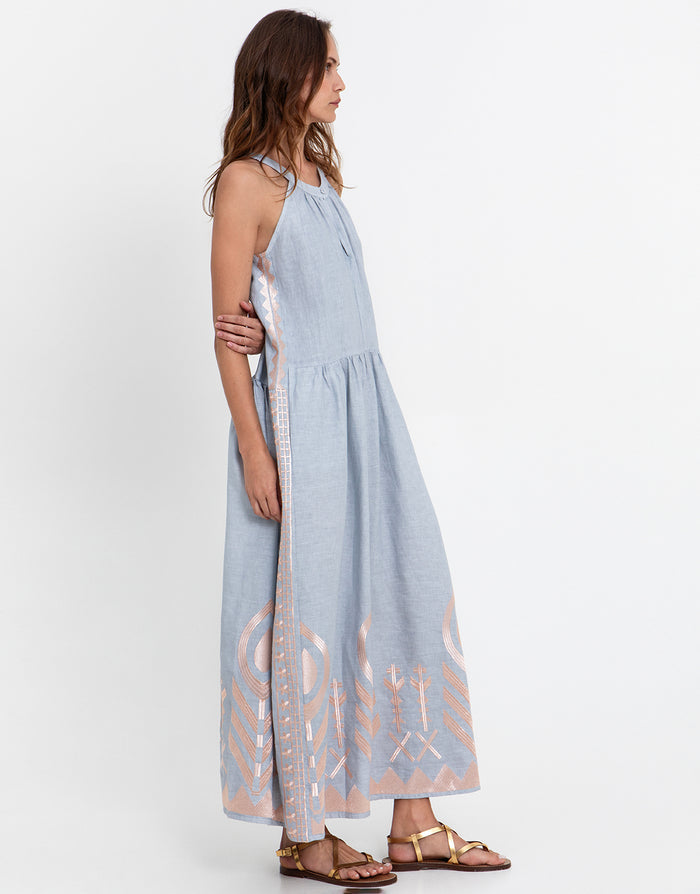 Greek Archaic Kori Feather High Neck Dress - Light Grey and Pink Bronze - Simply Beach UK
