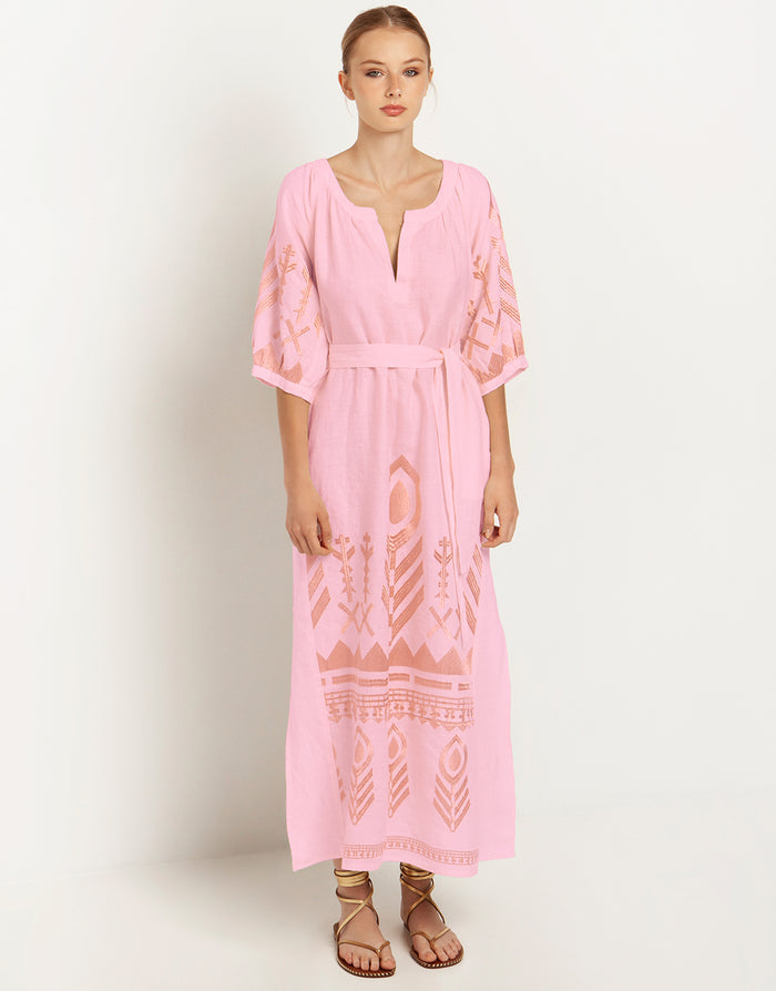 Greek Archaic Kori Feather Kaftan Dress - Pink and Pink Bronze - Simply Beach UK