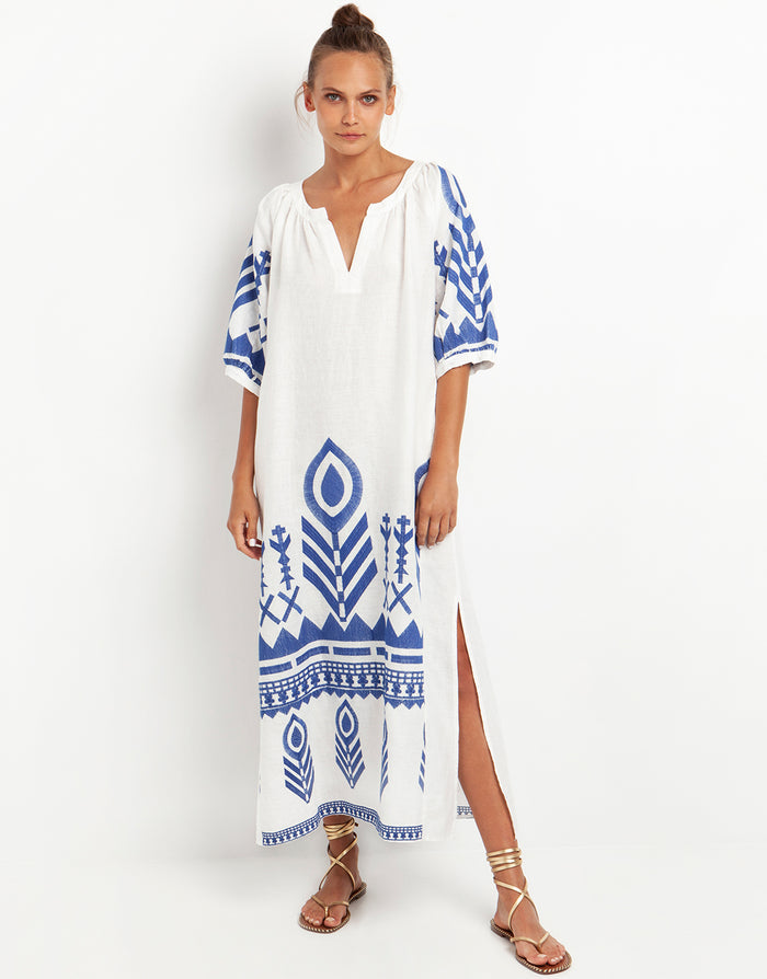 Greek Archaic Kori Feather Kaftan Dress - White and Blue - Simply Beach UK