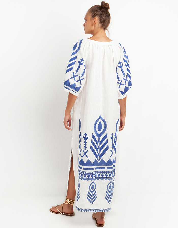 Greek Archaic Kori Feather Kaftan Dress - White and Blue - Simply Beach UK