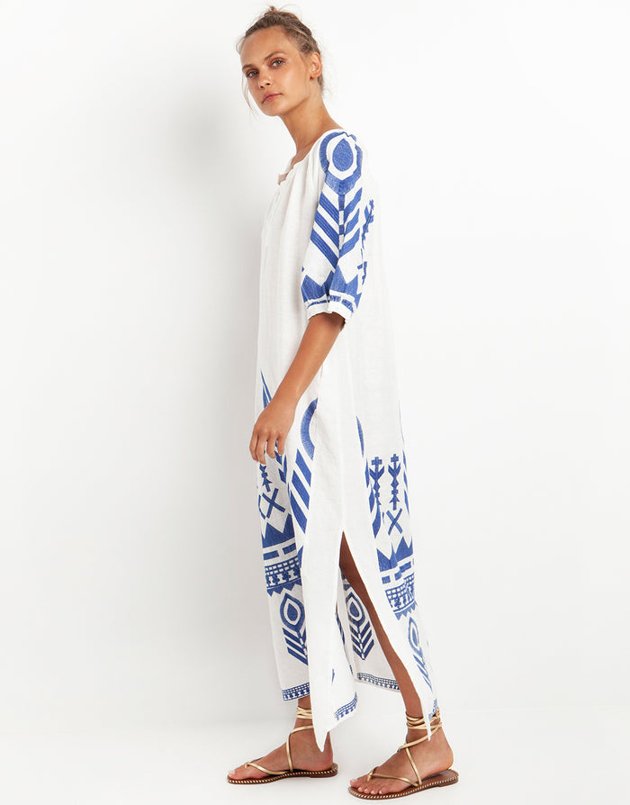 Greek Archaic Kori Feather Kaftan Dress - White and Blue - Simply Beach UK