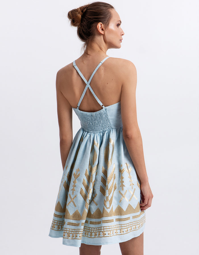 Greek Archaic Kori Feather Mini Dress - Ciel and Gold - Simply Beach UK