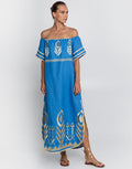 Greek Archaic Kori Feather Off The Shoulder Dress - Blue Raf and Gold - Simply Beach UK