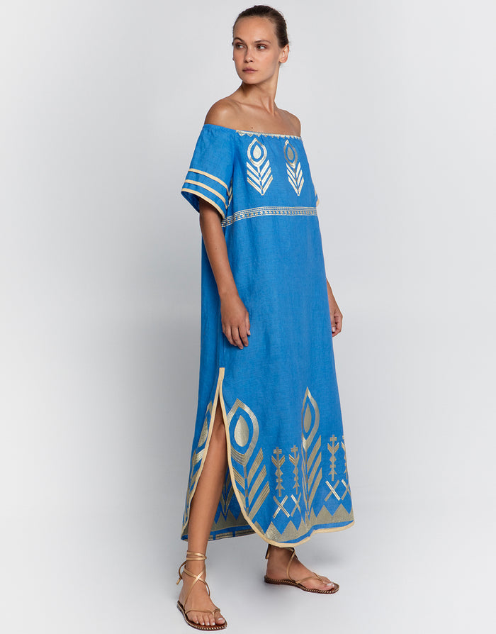 Greek Archaic Kori Feather Off The Shoulder Dress - Blue Raf and Gold - Simply Beach UK