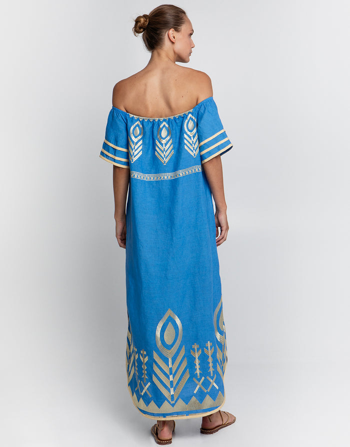 Greek Archaic Kori Feather Off The Shoulder Dress - Blue Raf and Gold - Simply Beach UK
