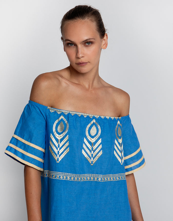 Greek Archaic Kori Feather Off The Shoulder Dress - Blue Raf and Gold - Simply Beach UK