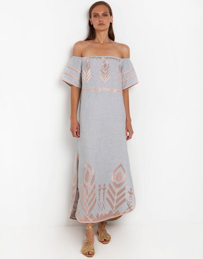 Greek Archaic Kori Feather Off The Shoulder Dress - Light Grey and Pink Bronze - Simply Beach UK