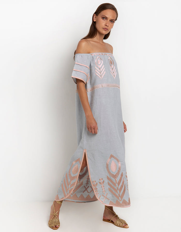 Greek Archaic Kori Feather Off The Shoulder Dress - Light Grey and Pink Bronze - Simply Beach UK