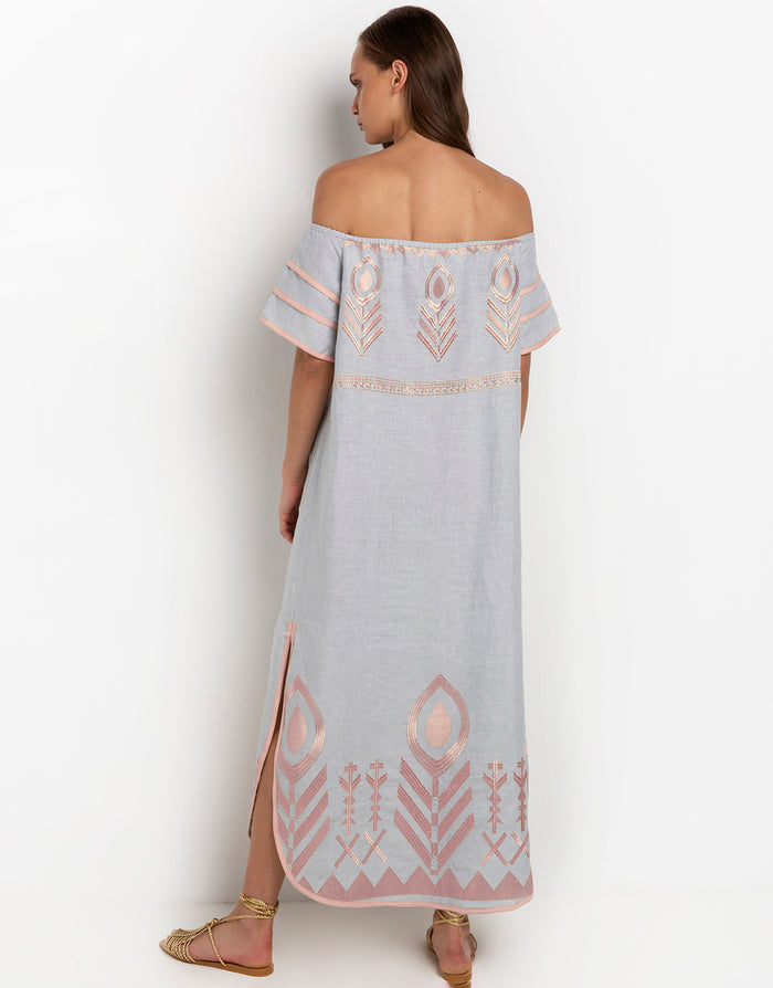 Greek Archaic Kori Feather Off The Shoulder Dress - Light Grey and Pink Bronze - Simply Beach UK