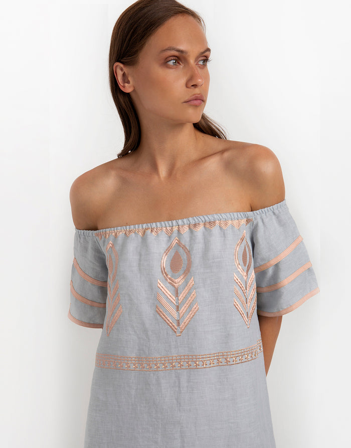 Greek Archaic Kori Feather Off The Shoulder Dress - Light Grey and Pink Bronze - Simply Beach UK