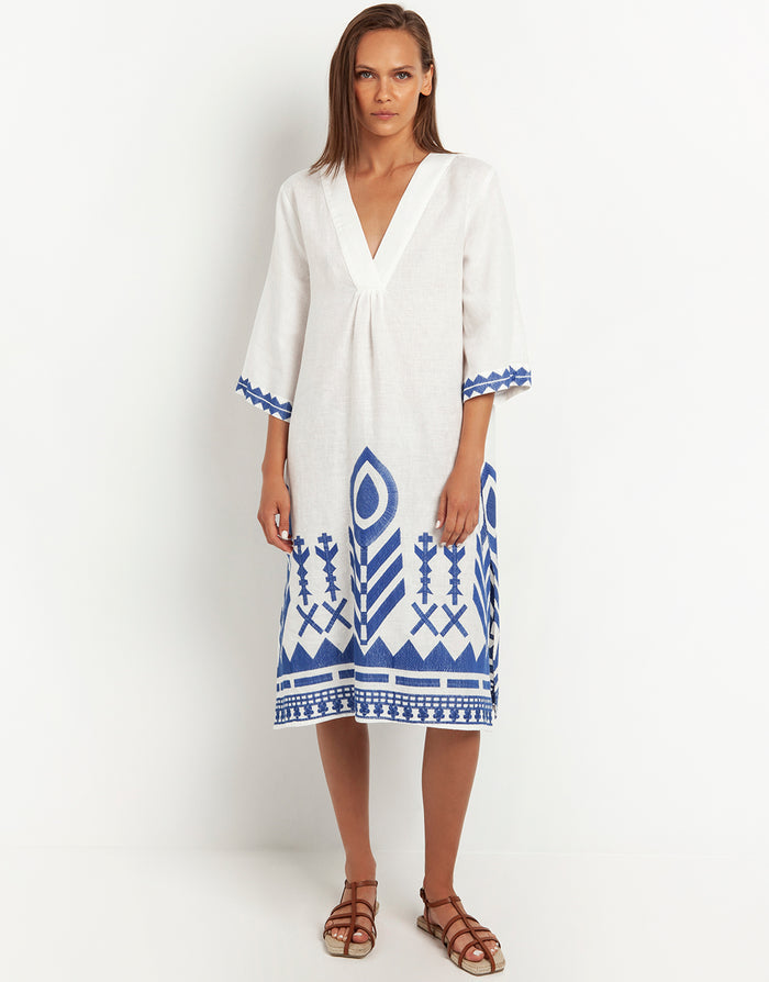 Greek Archaic Kori Feather V Neck Midi Kaftan - White and Blue - Simply Beach UK