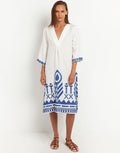 Greek Archaic Kori Feather V Neck Midi Kaftan - White and Blue - Simply Beach UK