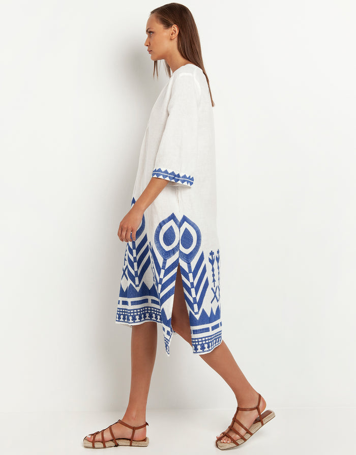 Greek Archaic Kori Feather V Neck Midi Kaftan - White and Blue - Simply Beach UK