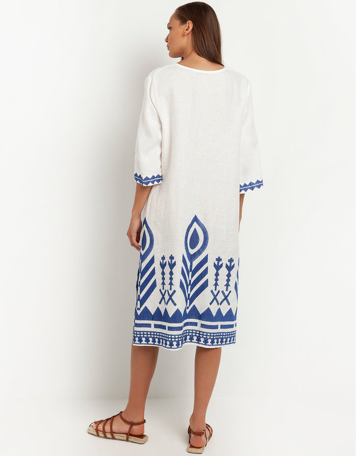 Greek Archaic Kori Feather V Neck Midi Kaftan - White and Blue - Simply Beach UK