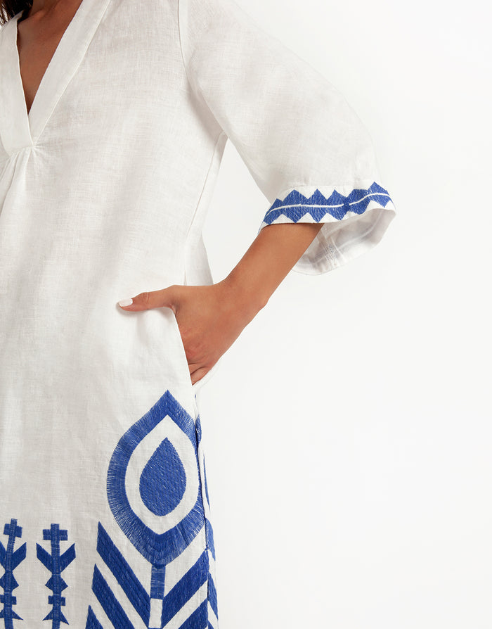 Greek Archaic Kori Feather V Neck Midi Kaftan - White and Blue - Simply Beach UK