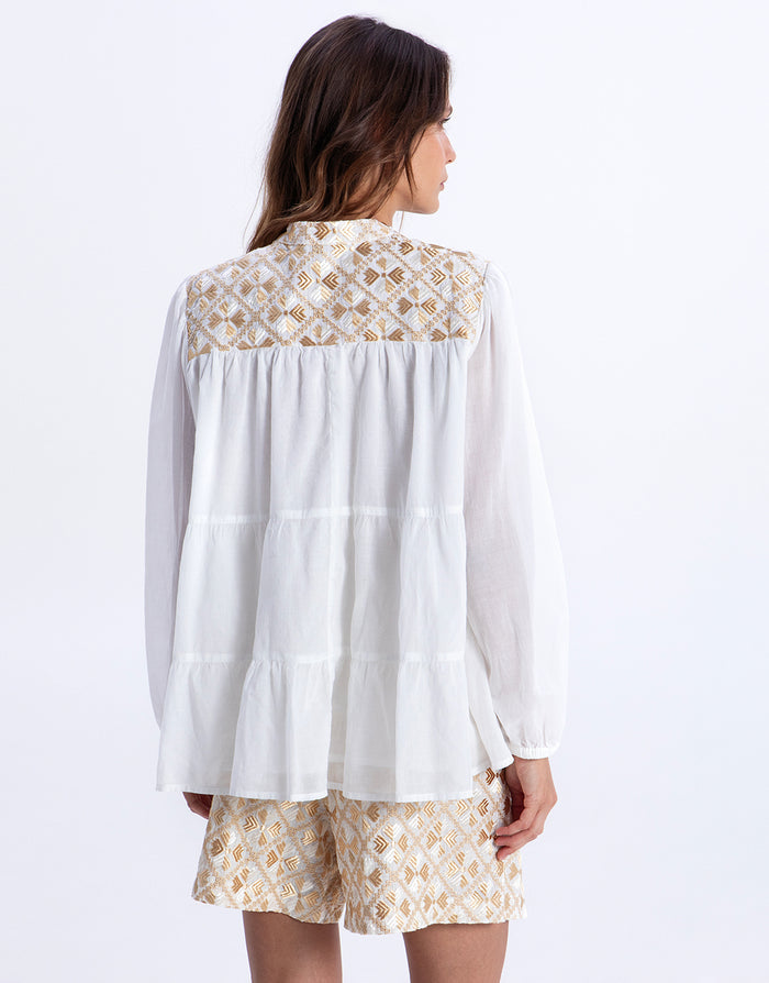 Greek Archaic Kori Flakes Blouse - White and Gold with Champagne - Simply Beach UK