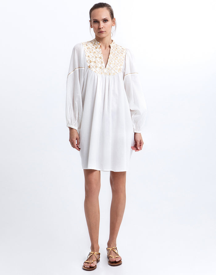 Greek Archaic Kori Flakes Mini Dress - White and Gold with Champagne - Simply Beach UK