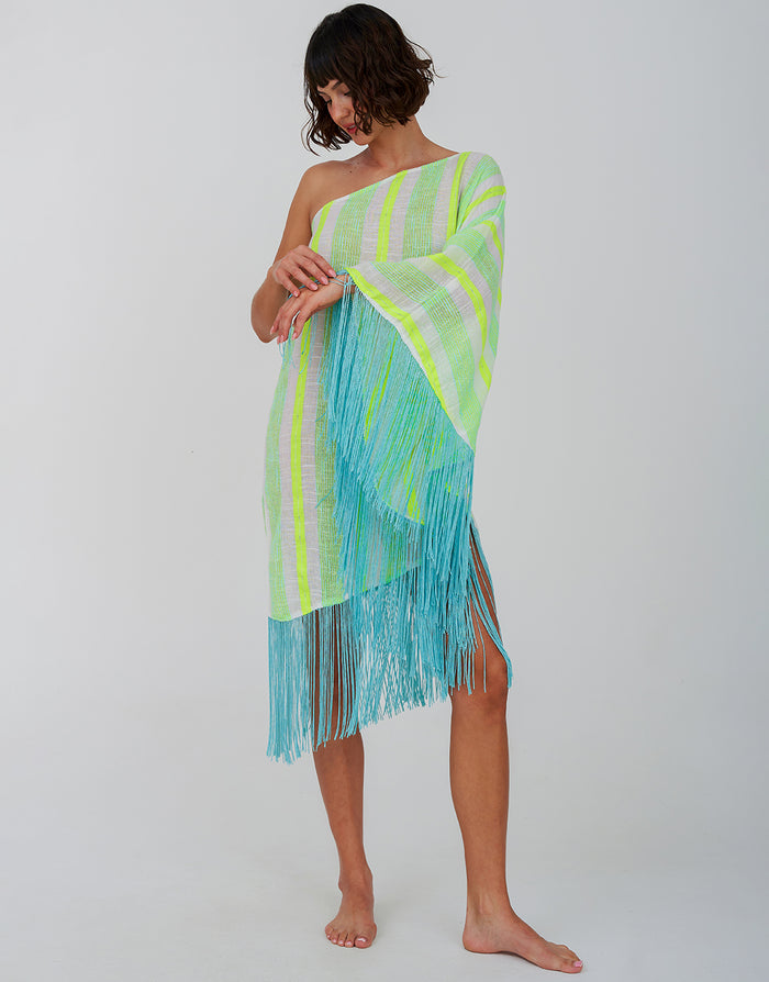 Fringed One Shoulder Kaftan - Neon Yellow - Simply Beach UK