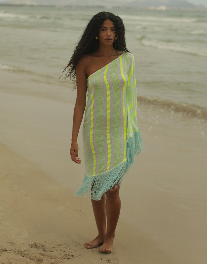 Fringed One Shoulder Kaftan - Neon Yellow - Simply Beach UK