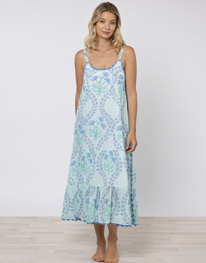 Juliet Dunn Ginko Print Swing Dress with Ric-Rac - Aqua and Blue - Simply Beach UK