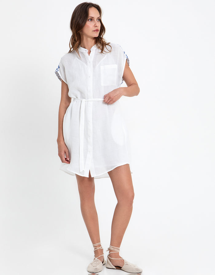 Greek Archaic Kori Grape Mini Shirt Dress - White and Blue - Simply Beach UK