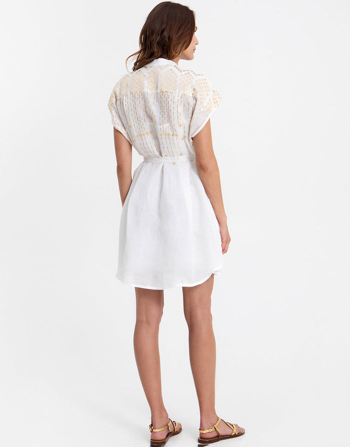 Greek Archaic Kori Grape Mini Shirt Dress - White and Gold - Simply Beach UK