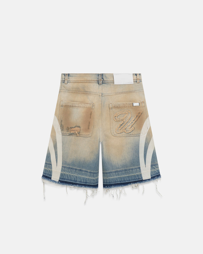 Holy State Stripe Denim Shorts Sand Blue