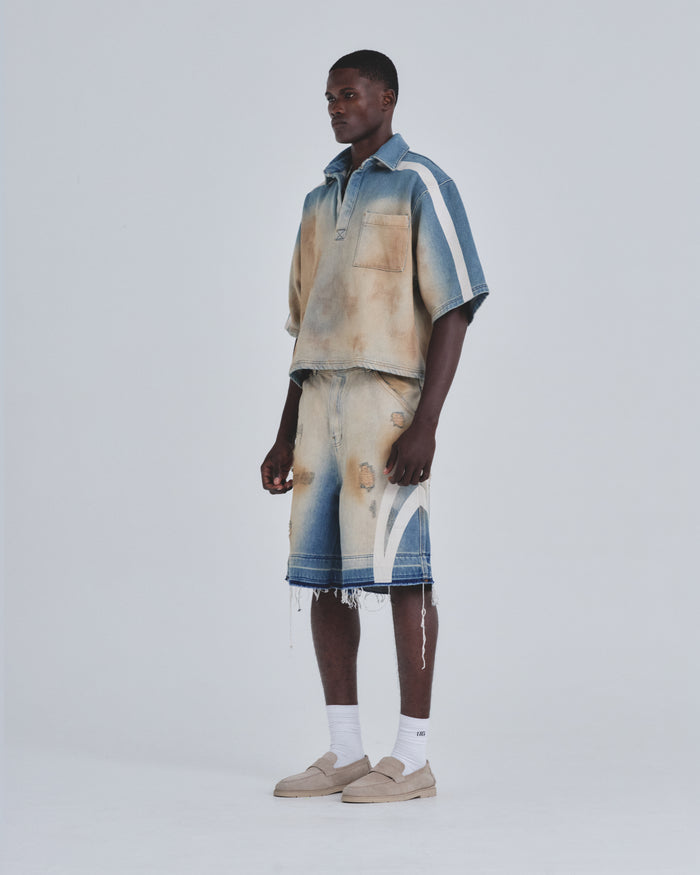 Holy State Stripe Denim Shorts Sand Blue