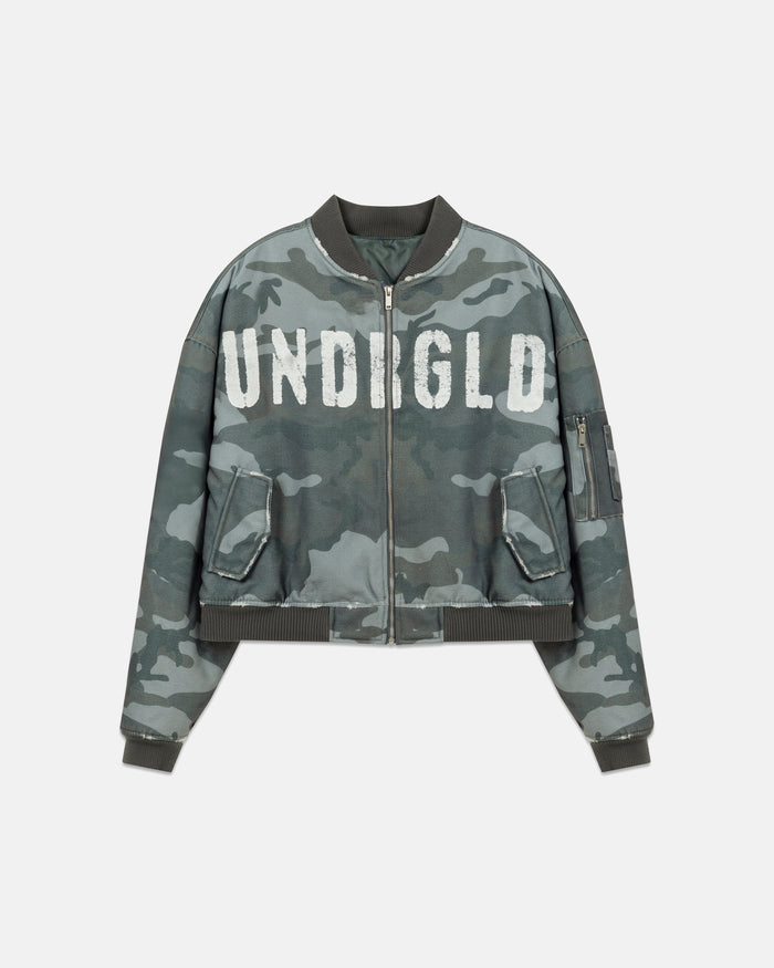 Holy Worn Logo Bomber Jacket Gray Camo