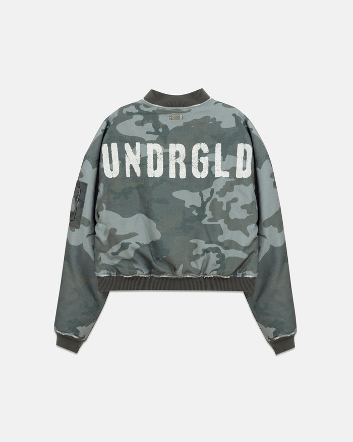 Holy Worn Logo Bomber Jacket Gray Camo